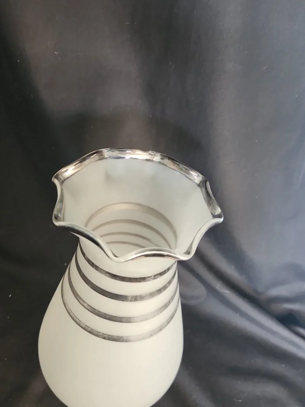 Vintage Art Deco White Frosted Glass Vase Silver Stripes/Bands & Ruffled Rim